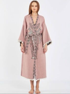 Pink Organic Cotton Turkish Elephant Kimono Robe Kaftan Beach Cover up Duster
